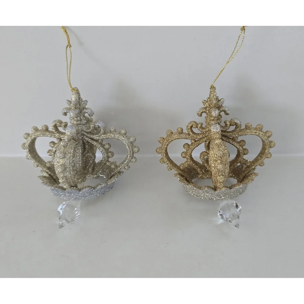 New Kurt Adler Gold Silver Glitter Crown Christmas Ornaments Crystals Set of 2